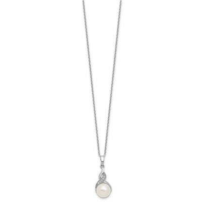 Sterling Silver Rhodium Plated Fwc Pearl and CZ 17in Necklace/earring Set