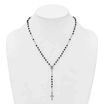 Sterling Silver Rhodium Plated Black Crystal 18.5in with 1in Ext. Rosary Necklac