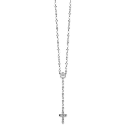 Sterling Silver Rhodium-Plat Polished CZ & D/c Cross 30.5in Rosary Necklace