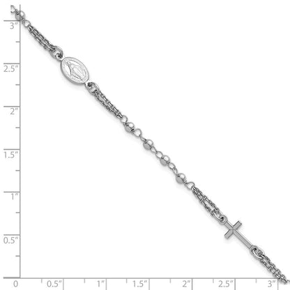 Sterling Silver Rhodium Plated 7.25in w/.5in Ext. Rosary Themed Bracelet