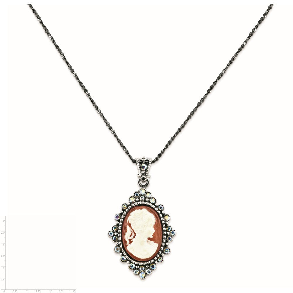 Sterling Silver Antiqued Peach Resin Cameo W/Crystal Necklace