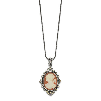 Sterling Silver Antiqued Peach Resin Cameo W/Crystal Necklace