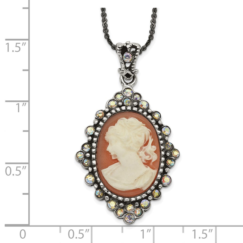 Sterling Silver Antiqued Peach Resin Cameo W/Crystal Necklace