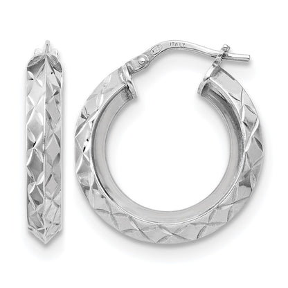 Sterling Silver Rh Plated Polished & D/C Hoop Earrings