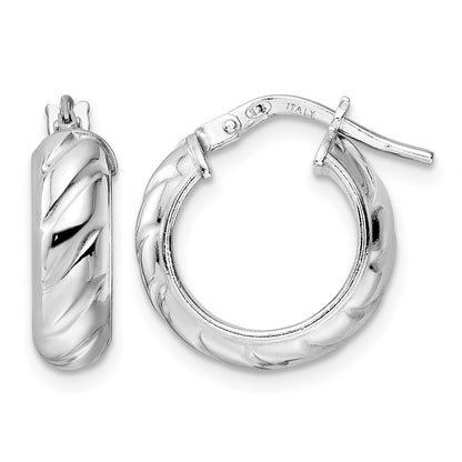 Sterling Silver Rhod Plated Polished Textured Hoop Earrings
