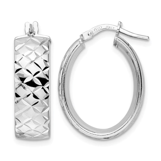 Sterling Silver Rhod Plated Polished D/C Oval Hoop Earrings