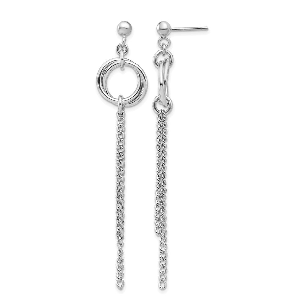 Sterling Silver Rh Plated Polished Circle Drop Chain Post Earrings