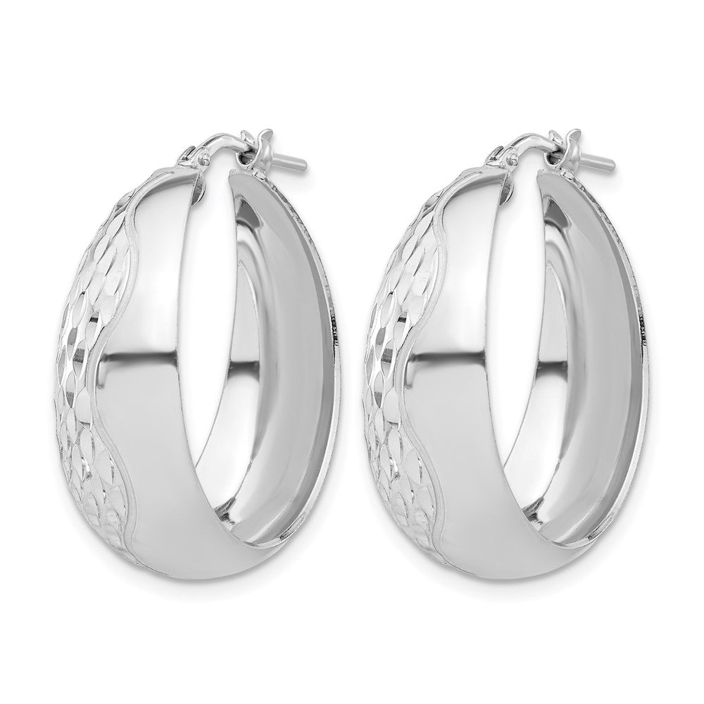 Sterling Silver Rhodium Plated Polished And Textured Hoop Earrings