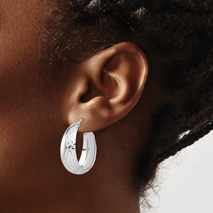 Sterling Silver Rhodium Plated Polished And Textured Hoop Earrings