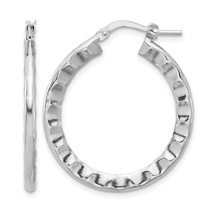 Sterling Silver Rh Plated Polished/Hammered Hoop Earrings