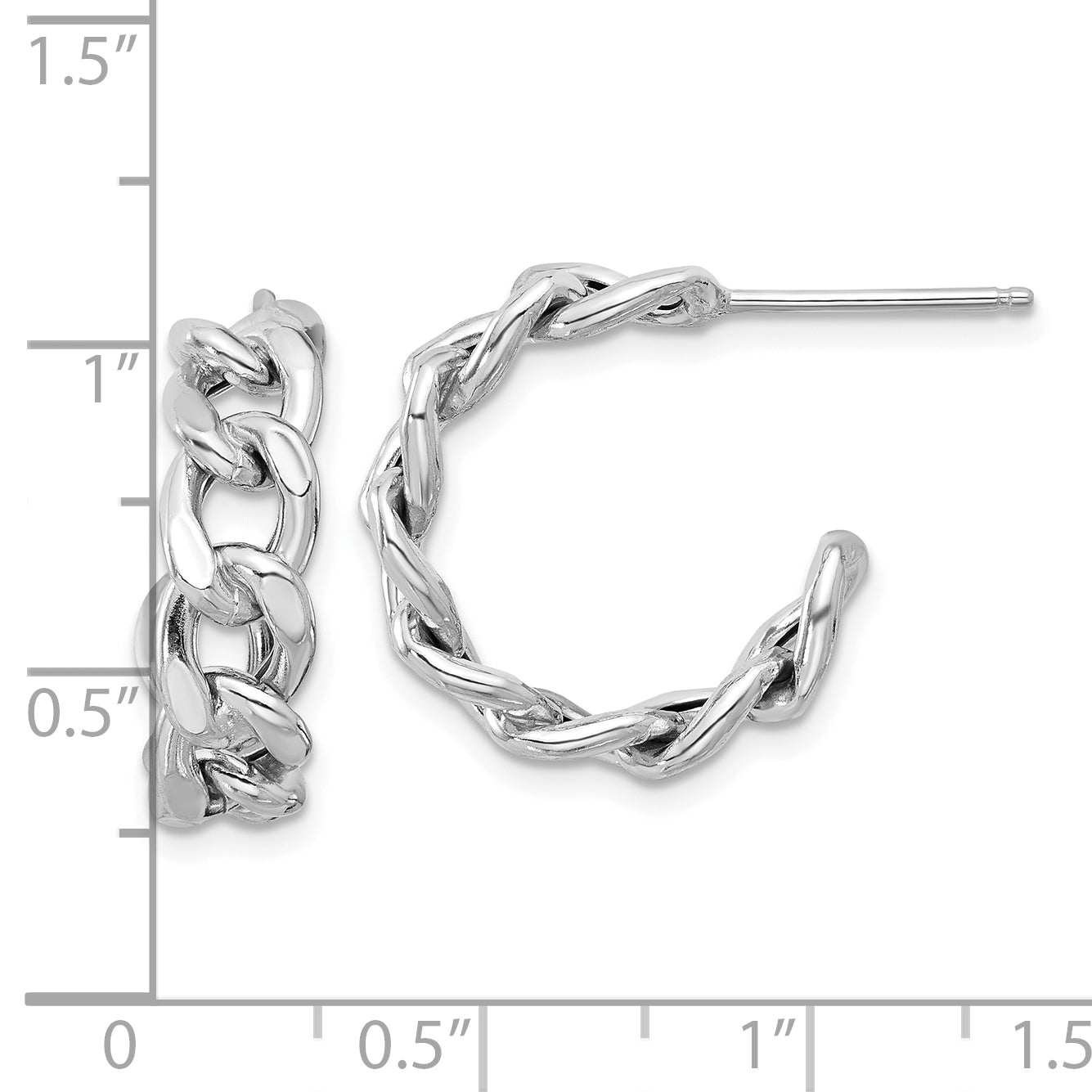 Sterling Silver Rh Plated Polished Curb Chain Post C Hoop Earrings