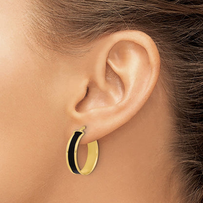Sterling Silver Gold Tone Black Enamel Round Hoop Earrings