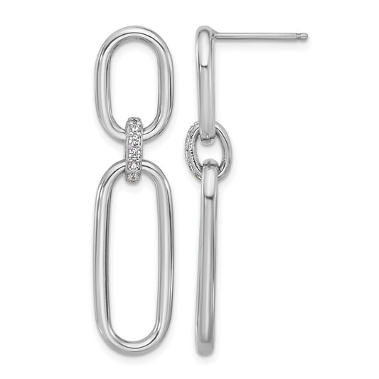 Sterling Silver Rh Plated Polished Cz Dangle Post Earrings