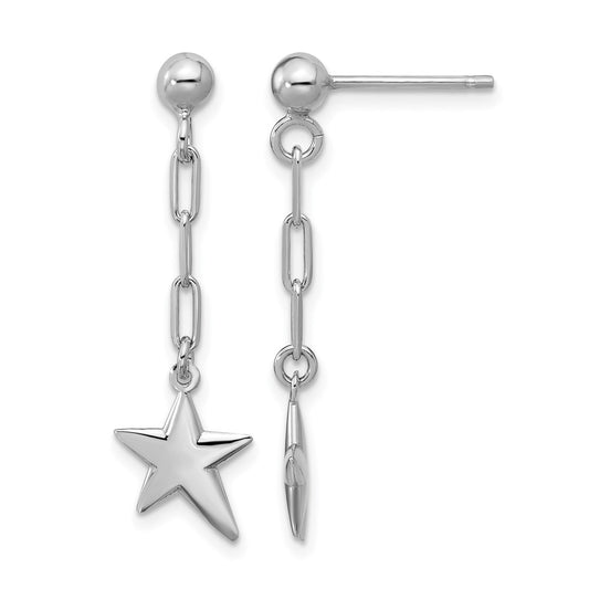 Sterling Silver Ss Rh Plated Polished Star Link Dangle Post Earrings