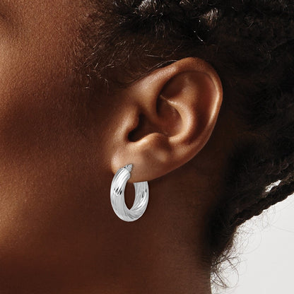 Sterling Silver Rh Plat Polish/Grooved Round Hoop Earrings