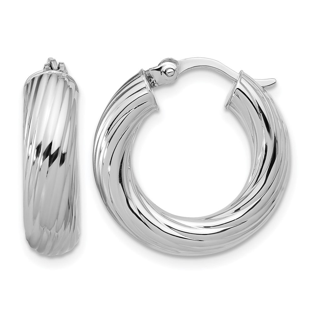 Sterling Silver Rh Plat Polish/Grooved Round Hoop Earrings