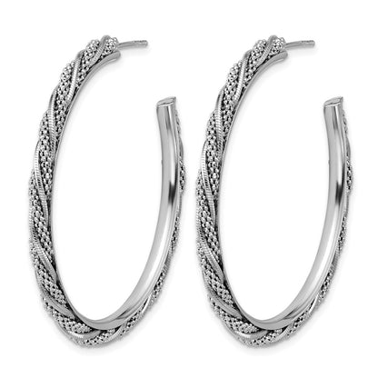 Sterling Silver Ss Rh Plated Polish/Textured Twisted J Hoop Post Earrings