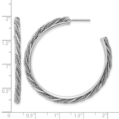 Sterling Silver Ss Rh Plated Polish/Textured Twisted J Hoop Post Earrings