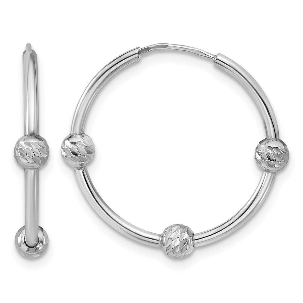 Sterling Silver Ss Rh Plated Polished/Dia Cut Beads Endless Hoop Earrings