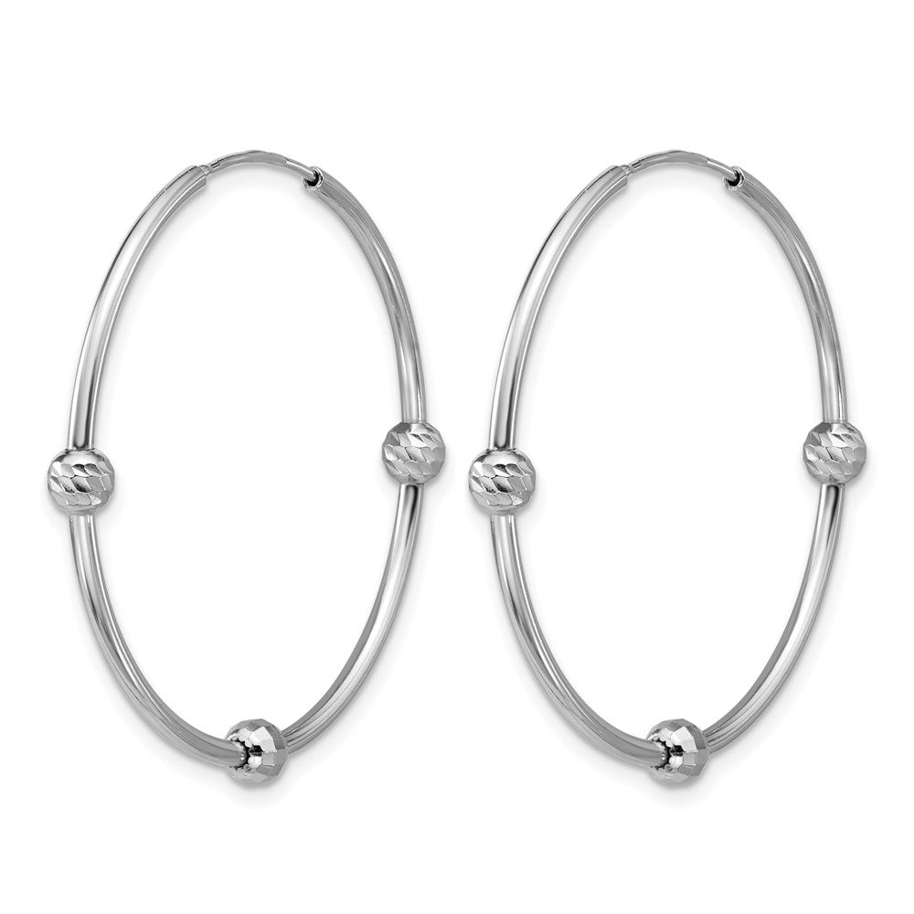 Sterling Silver Ss Rh Plated Polished/Dia Cut Beads Endless Hoop Earrings