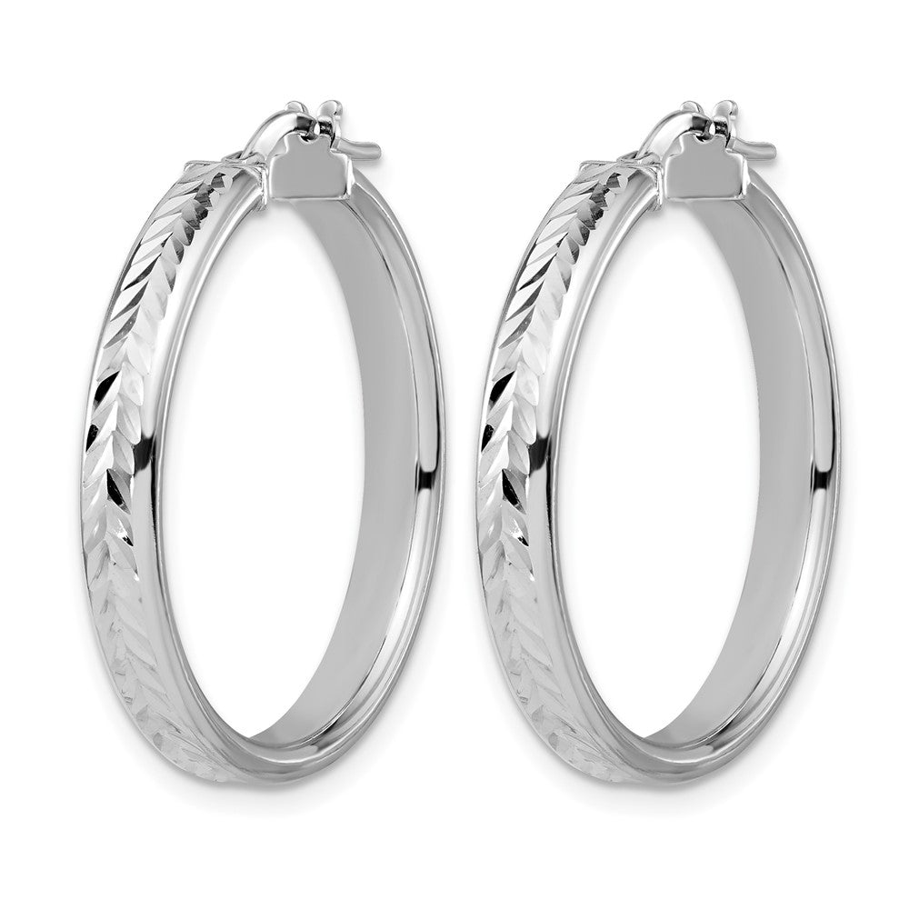 Sterling Silver Rh Plat Polish/Dia Cut Round Hoop Earrings