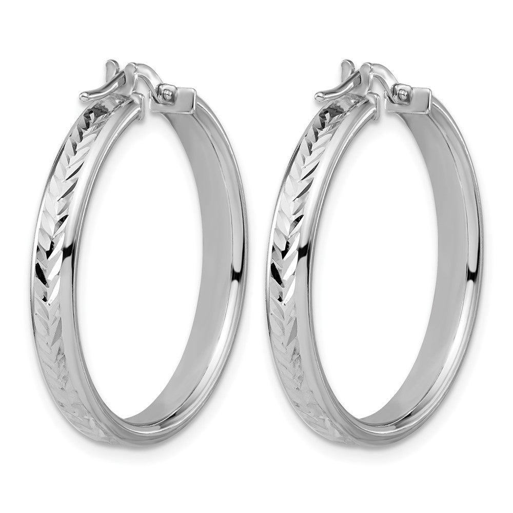 Sterling Silver Rh Plat Polish/Dia Cut Round Hoop Earrings