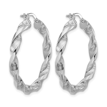 Sterling Silver Rh Plat Polish/Textured Twist Hoop Earrings