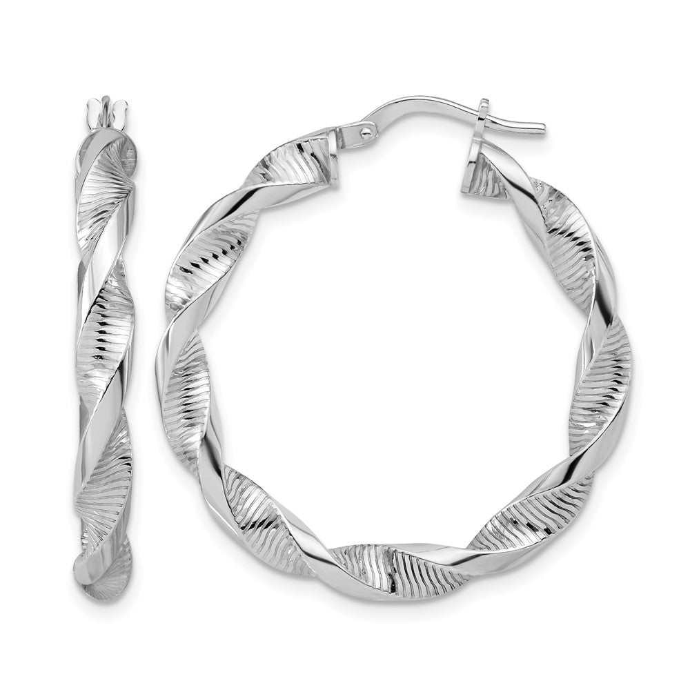 Sterling Silver Rh Plat Polish/Textured Twist Hoop Earrings