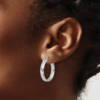 Sterling Silver Rh Plat Polish/Dia Cut Round Hoop Earrings