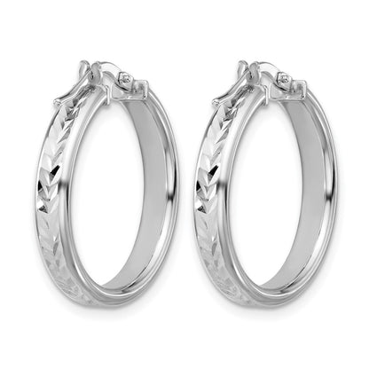 Sterling Silver Rh Plat Polish/Dia Cut Round Hoop Earrings