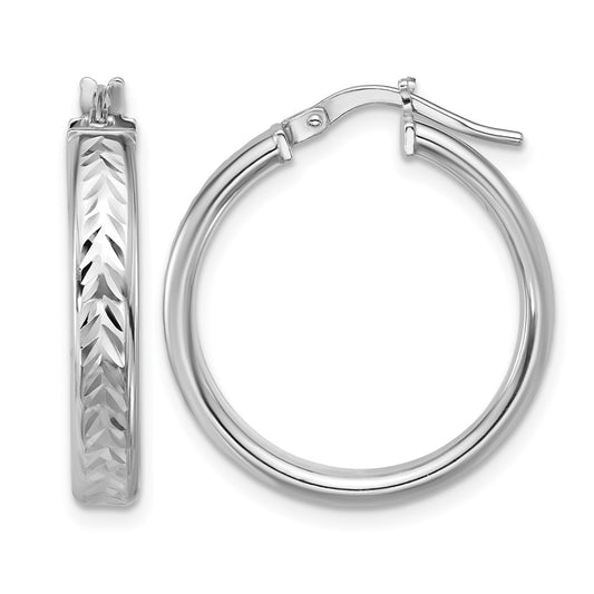 Sterling Silver Rh Plat Polish/Dia Cut Round Hoop Earrings
