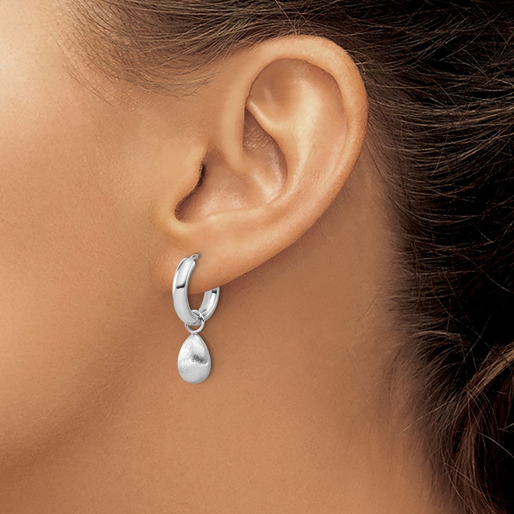 Sterling Silver Ss Rh Plat Polish/Brushed Teardrop Huggie Hoop Earrings