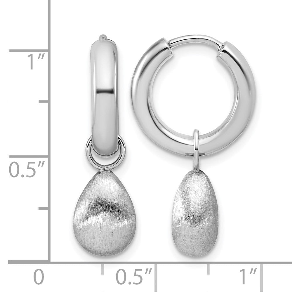 Sterling Silver Ss Rh Plat Polish/Brushed Teardrop Huggie Hoop Earrings
