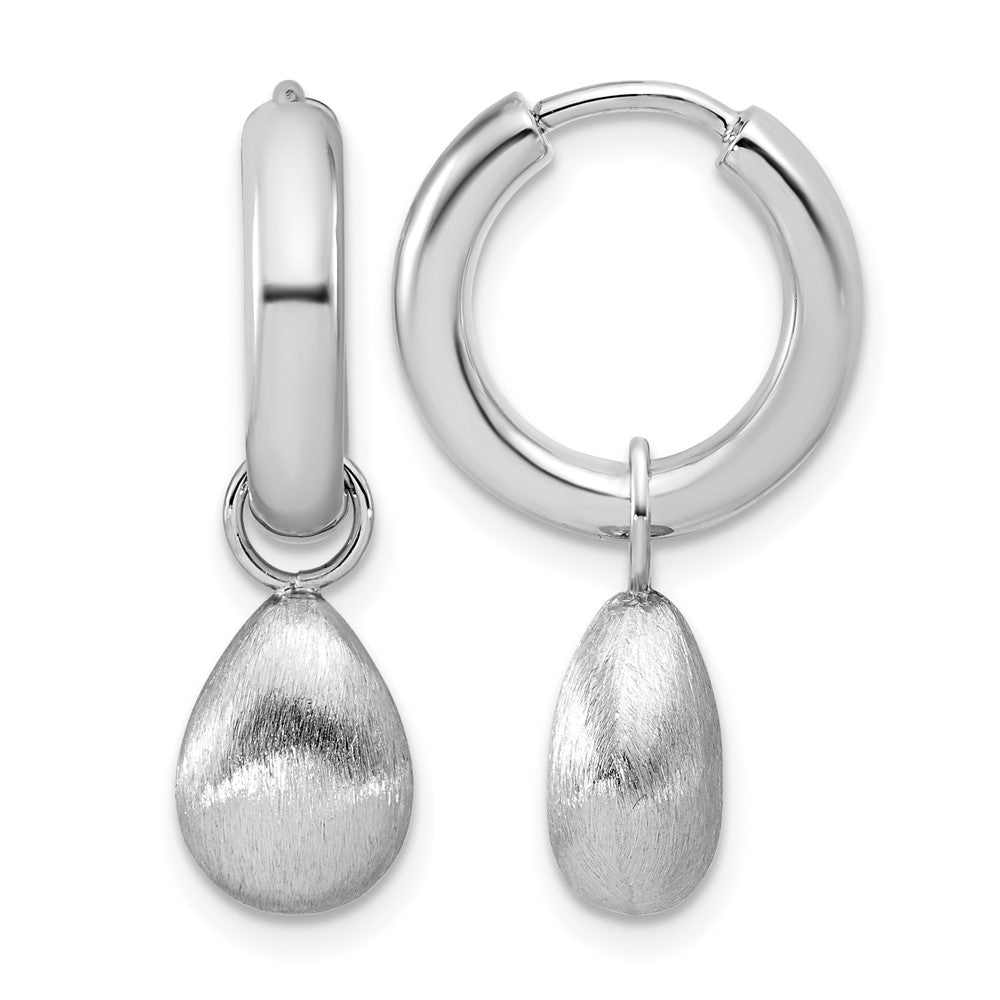 Sterling Silver Ss Rh Plat Polish/Brushed Teardrop Huggie Hoop Earrings