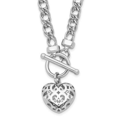 Sterling Silver Rh Plated Polished With Heart Charm Necklace