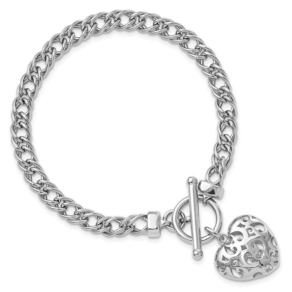 Sterling Silver Rh Plated Polished With Heart Charm Bracelet