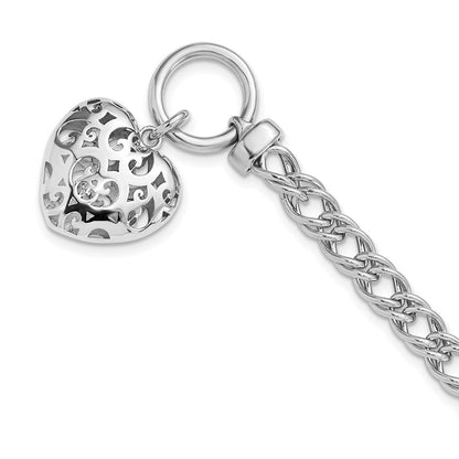 Sterling Silver Rh Plated Polished With Heart Charm Bracelet