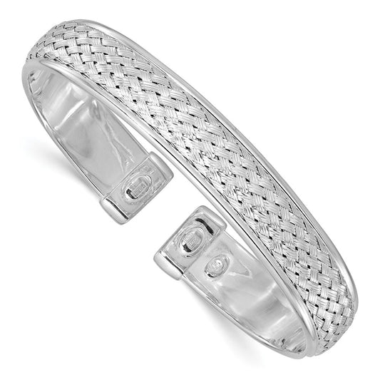 Sterling Silver Rhodium Plated Polished And Textured Cuff Bangle
