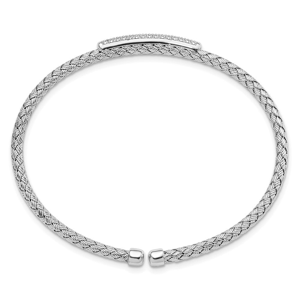 Sterling Silver Rh Plated Cz Woven Flexible Cuff Bangle
