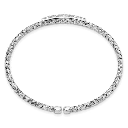 Sterling Silver Rh Plated Cz Woven Flexible Cuff Bangle