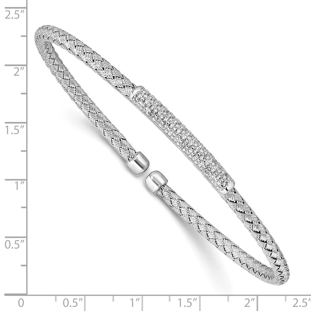 Sterling Silver Rh Plated Cz Woven Flexible Cuff Bangle