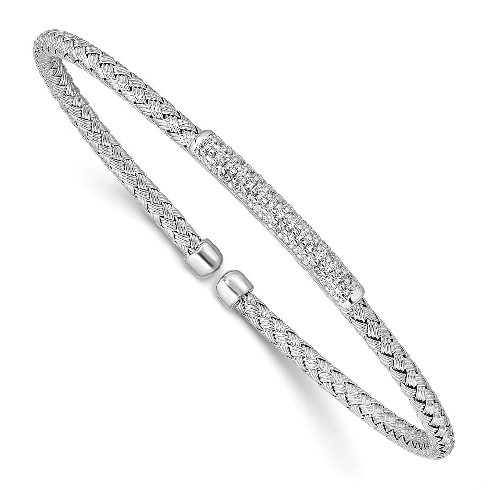 Sterling Silver Rh Plated Cz Woven Flexible Cuff Bangle