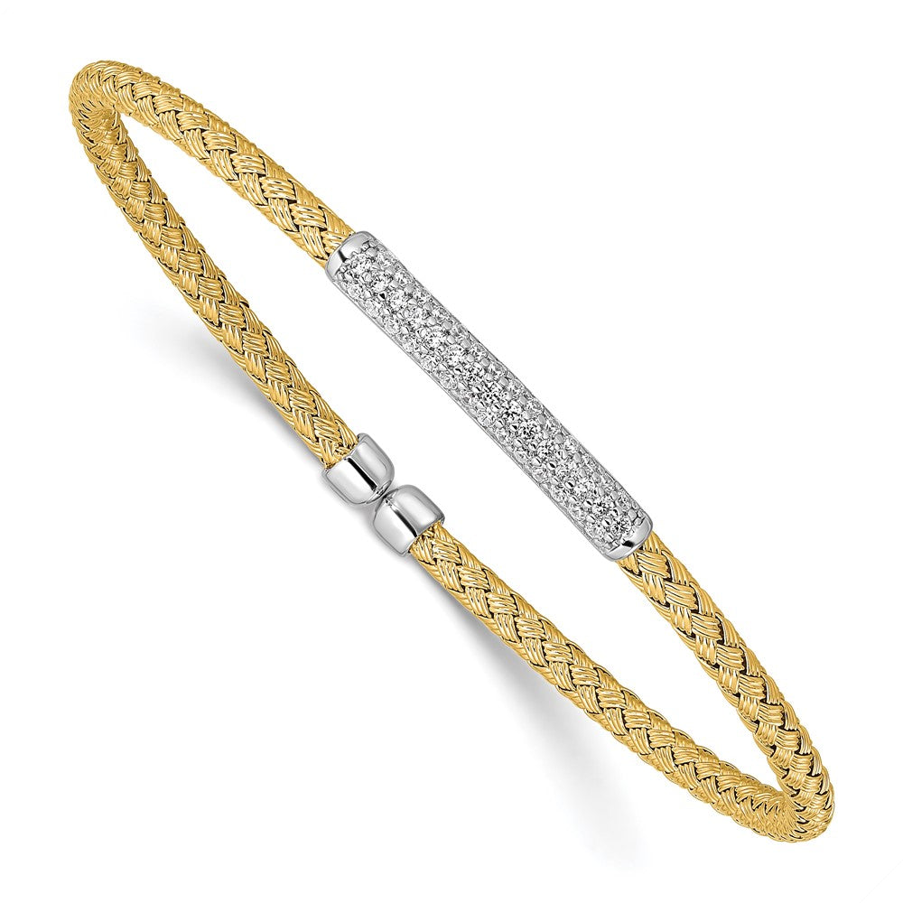 Sterling Silver Rh Plated/Gold Plated Cz Flexible Cuff Bangle