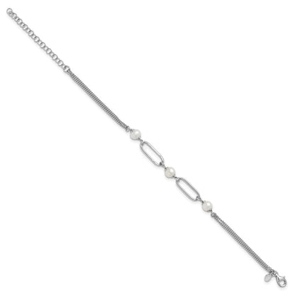 Sterling Silver Rh Plated Polished Fwc Pearls 2In Ext. Bracelet