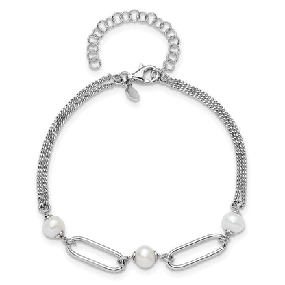 Sterling Silver Rh Plated Polished Fwc Pearls 2In Ext. Bracelet