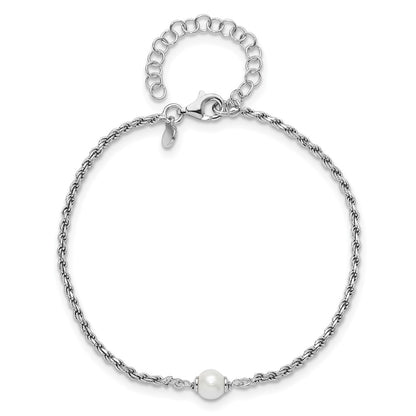 Sterling Silver Rh Plt Polished Fwc Pearl With 2In Ext. Bracelet
