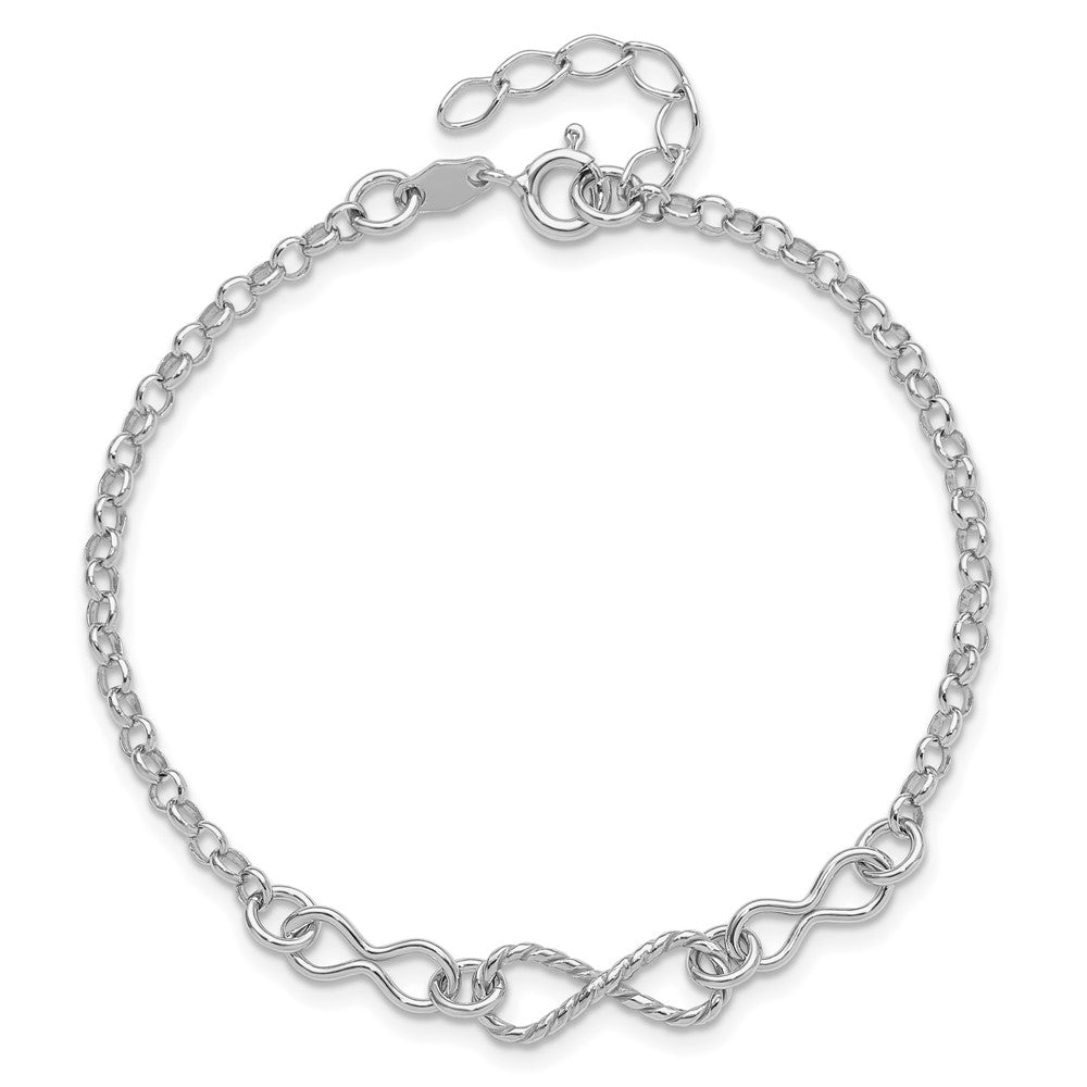 Sterling Silver Rhodium Plt Twisted Infinity 1In Ext. Bracelet