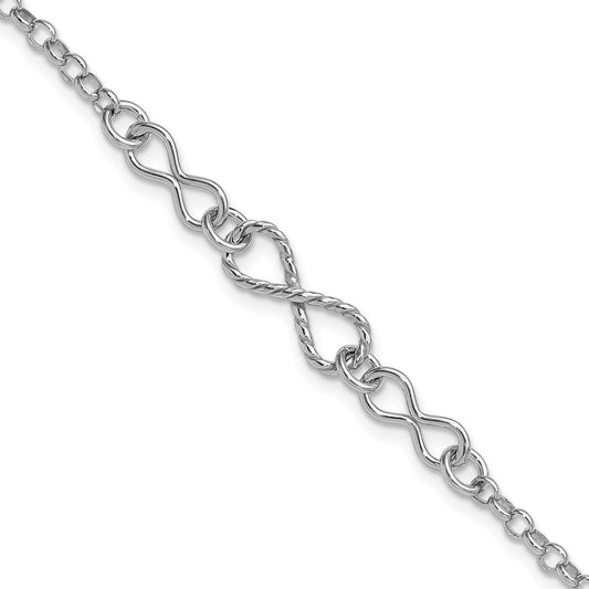 Sterling Silver Rhodium Plt Twisted Infinity 1In Ext. Bracelet