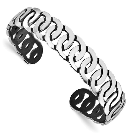 Sterling Silver Rh Plated Antiqued Burnished Polished Cuff Bangle