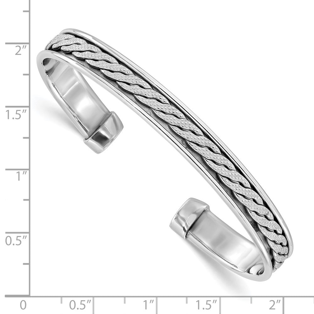 Sterling Silver Rhodium Plated Polished/Braided Cuff Bangle